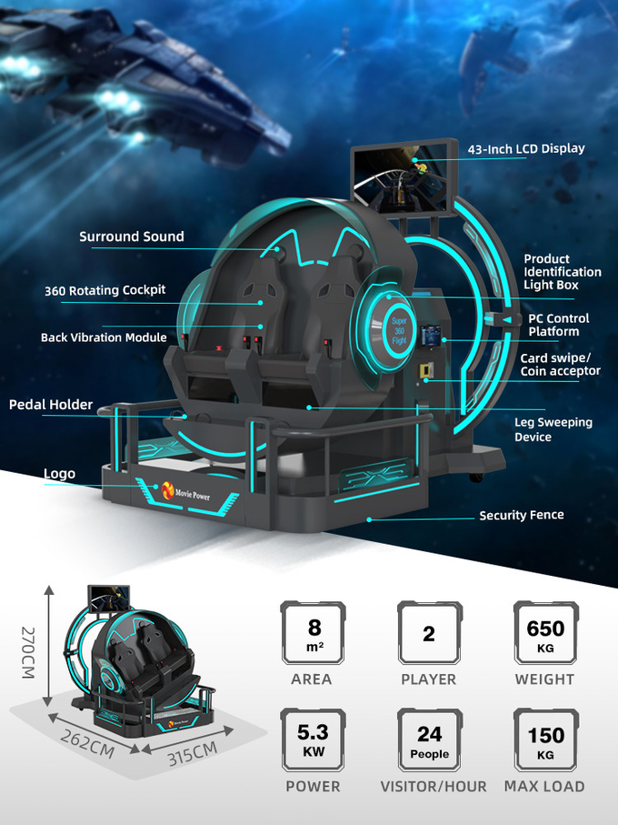 VR 360 2席 9d ローラーコースター VR マシン 360 回転 VR 映画 360 度 空飛ぶ椅子 シミュレーター 1